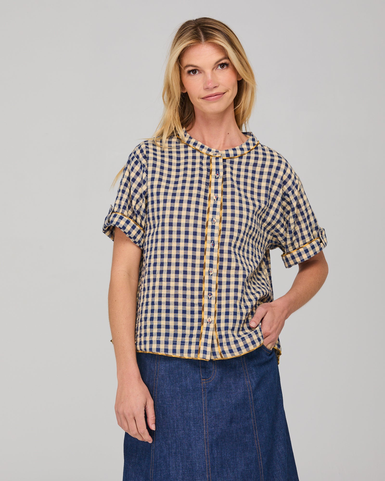 Josie Shirt - Navy Spliced Seersucker